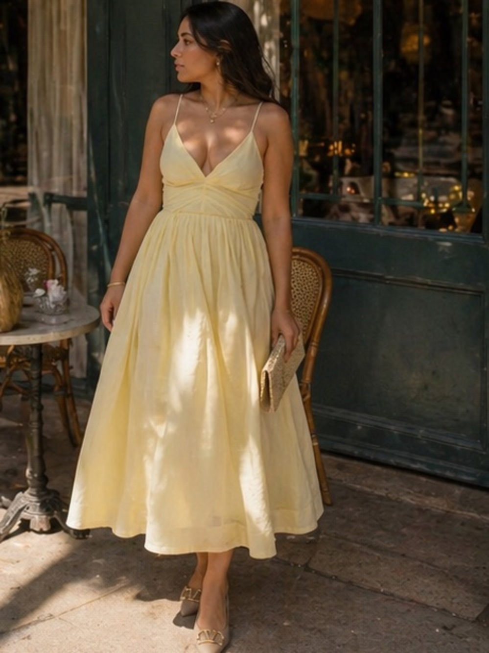 Aqua Pale Yellow Spaghetti-Strap Midi Dress